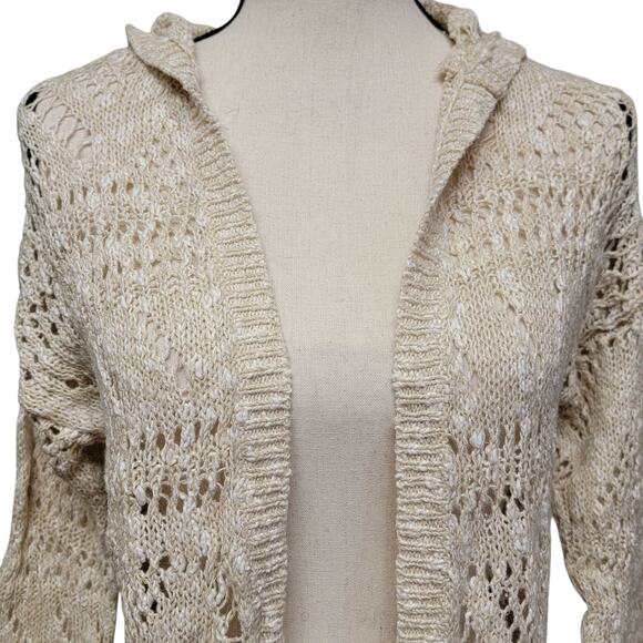 SO Beige Gold Cardigan Sweater Juniors‎ Sz S Metallic Weave Hood Beachy Coastal - Picture 2 of 7